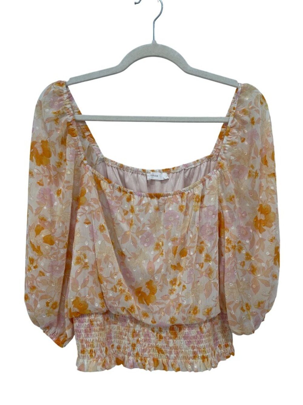 Lush Blouse Medium 3/4 Sleeve Clip Dot Smocked Waist Mango Pink Floral Bohemian